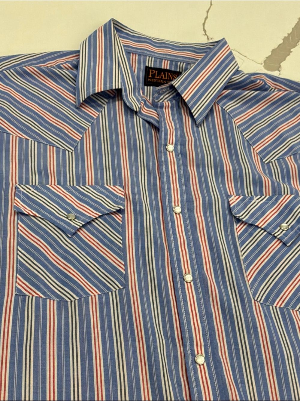 Plains Western Co. Blue Stripe ButtonDown Pearl Snap Shirt Mens Large Vintage